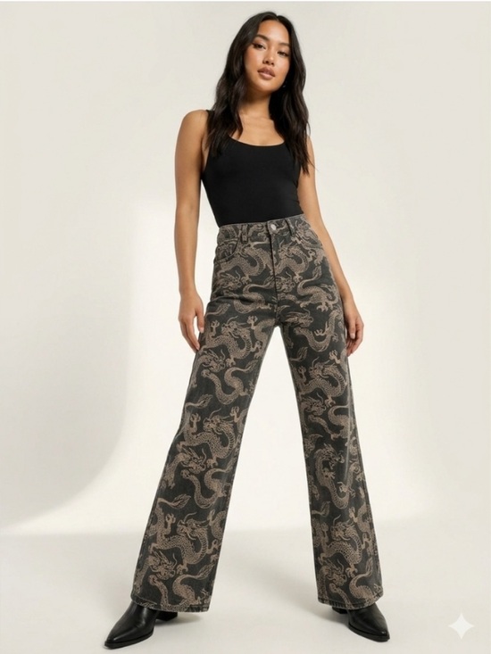 Princess Polly Denim - Princess Polly Dragon Print Flared Jeans
